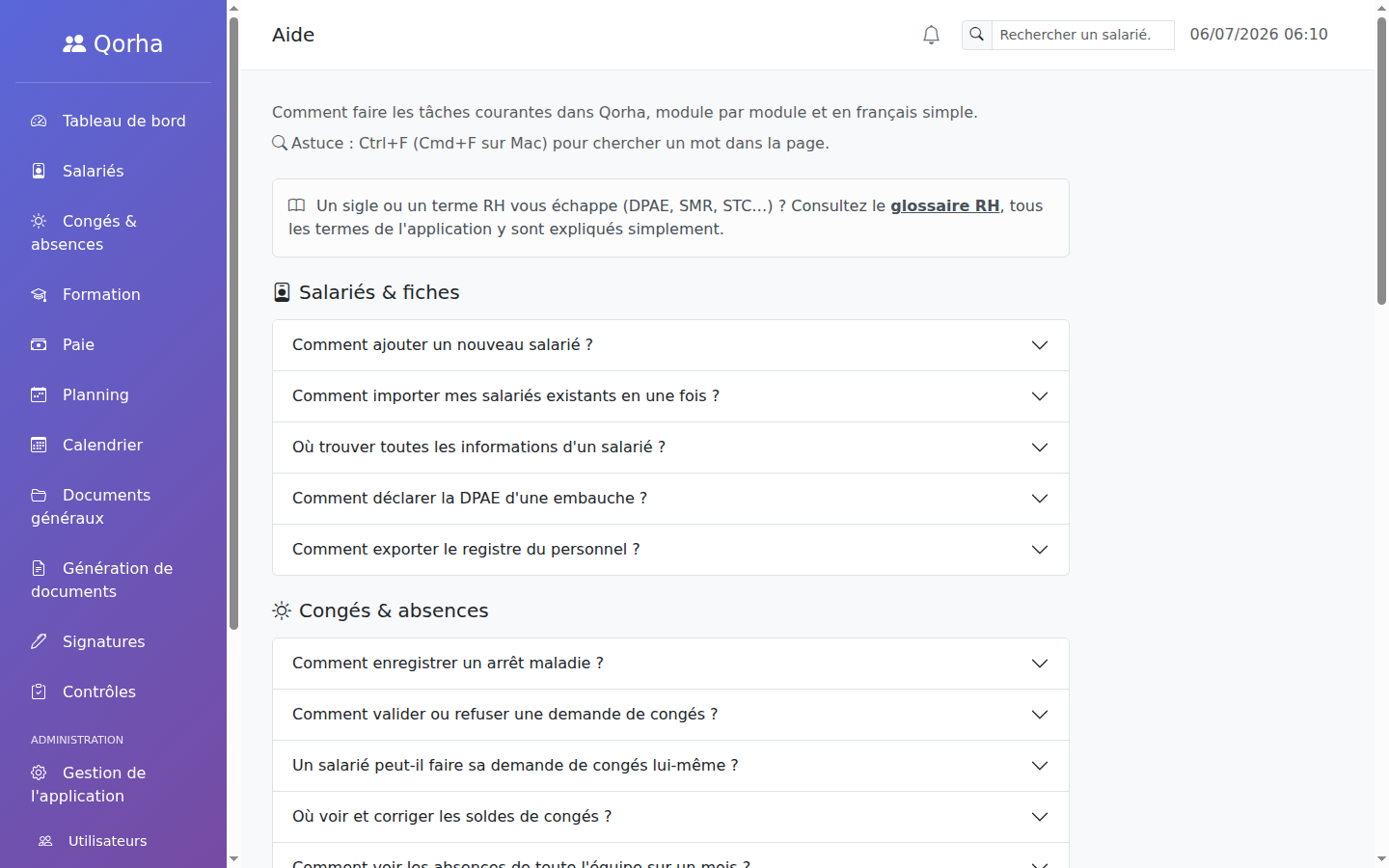 Centre d'aide intégré — une question dépliée avec sa réponse