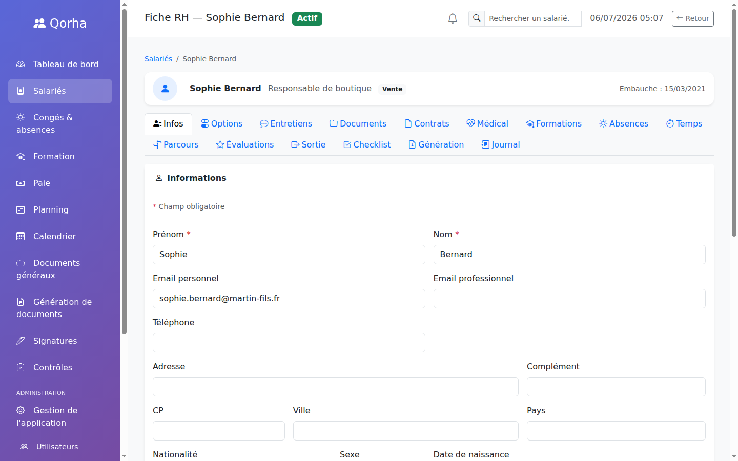 Fiche salarié — onglet Infos