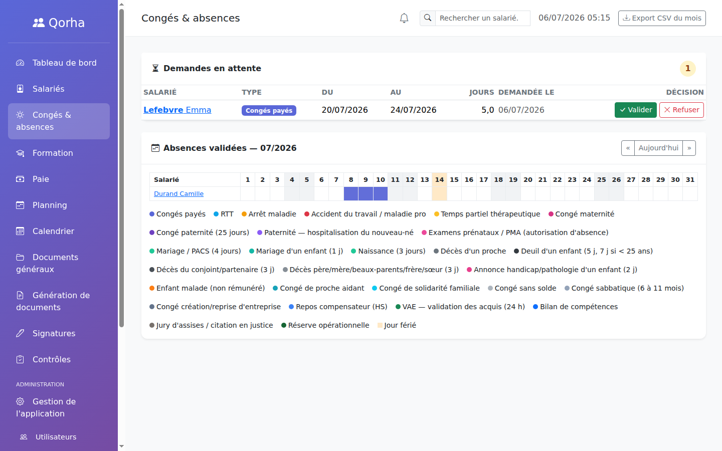 Page Congés & absences — demande en attente avec boutons Valider et Refuser