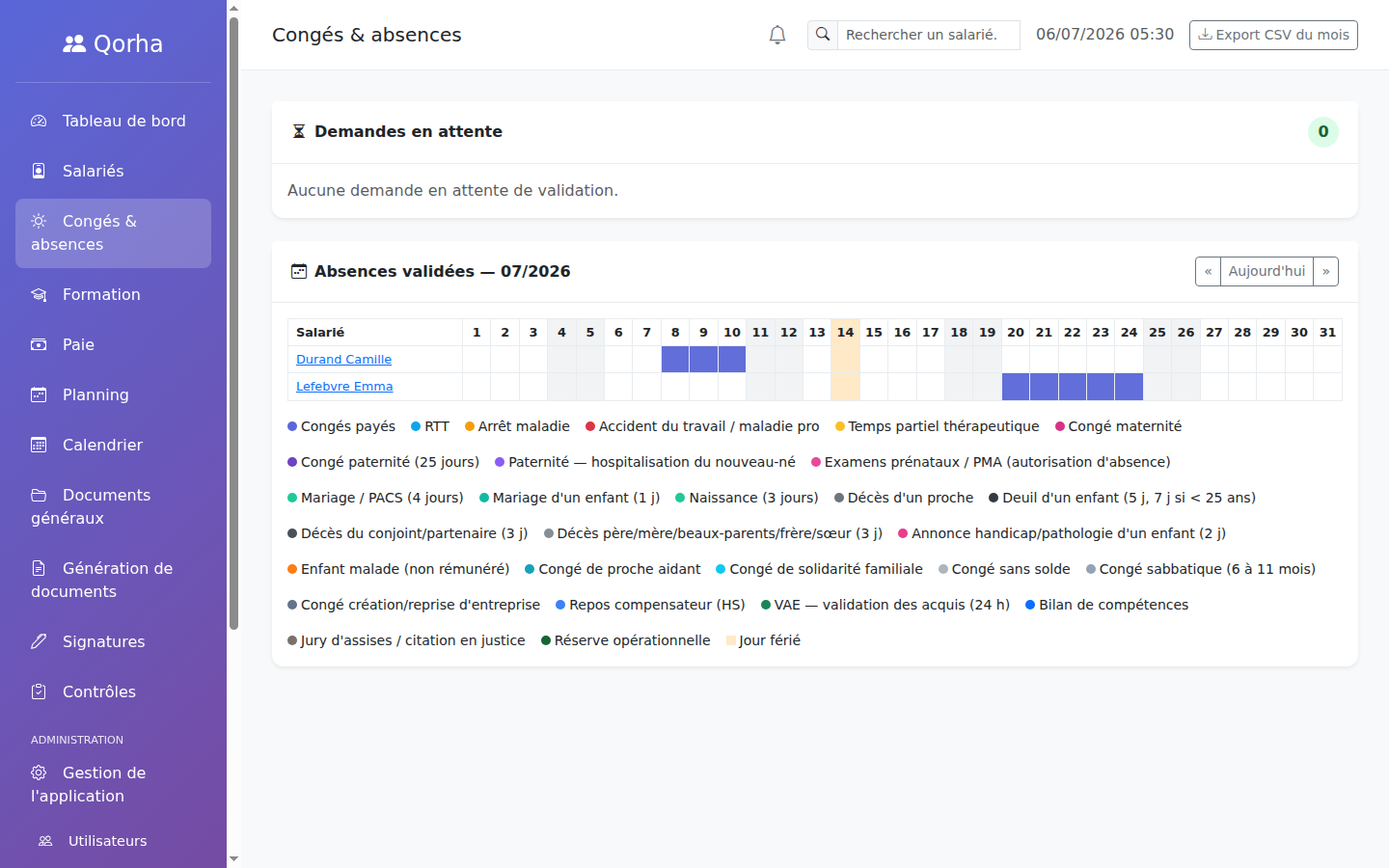 Grille d'équipe du mois — une ligne par salarié, une couleur par type d'absence