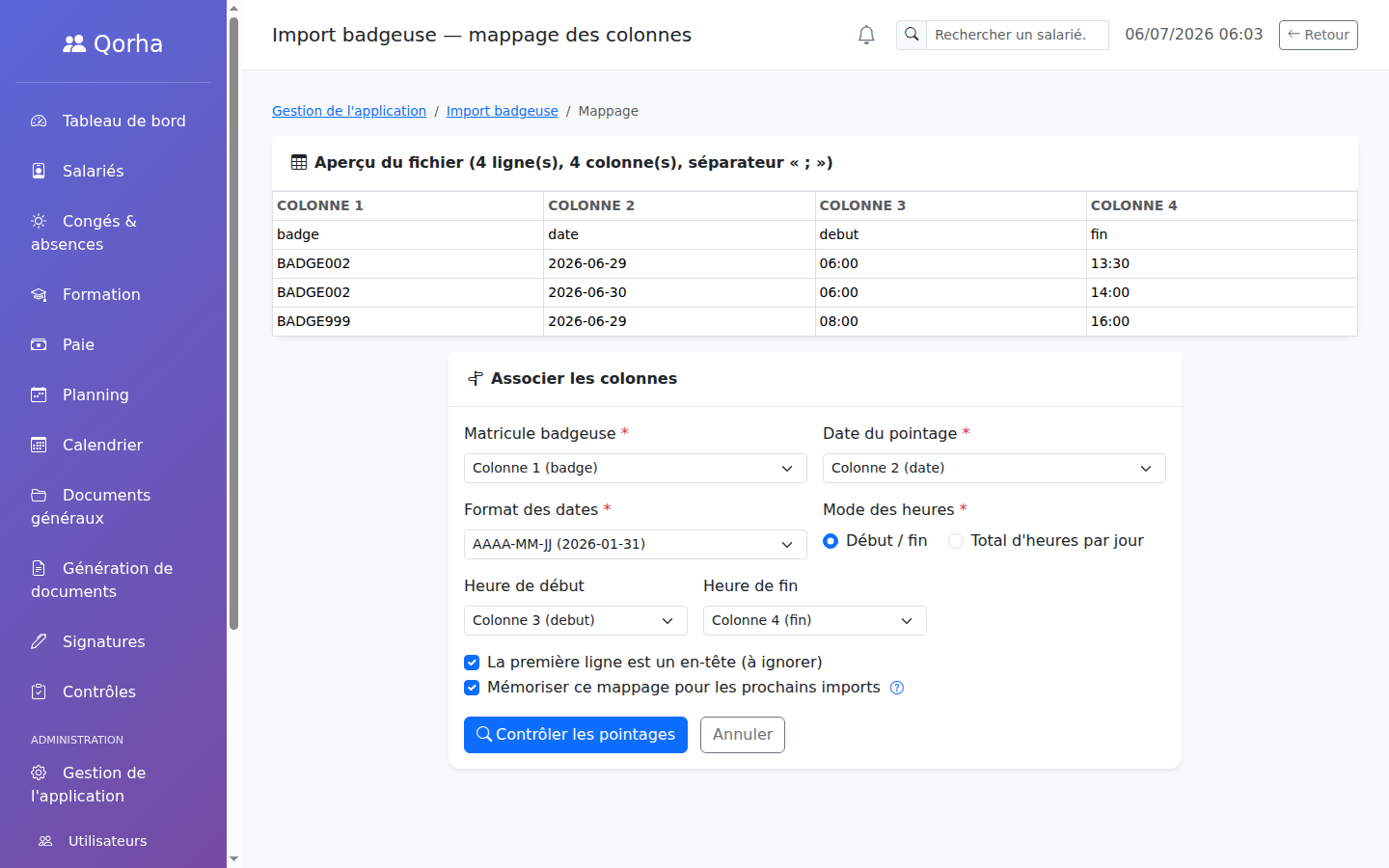 Import badgeuse — mappage des colonnes avec aperçu du fichier CSV