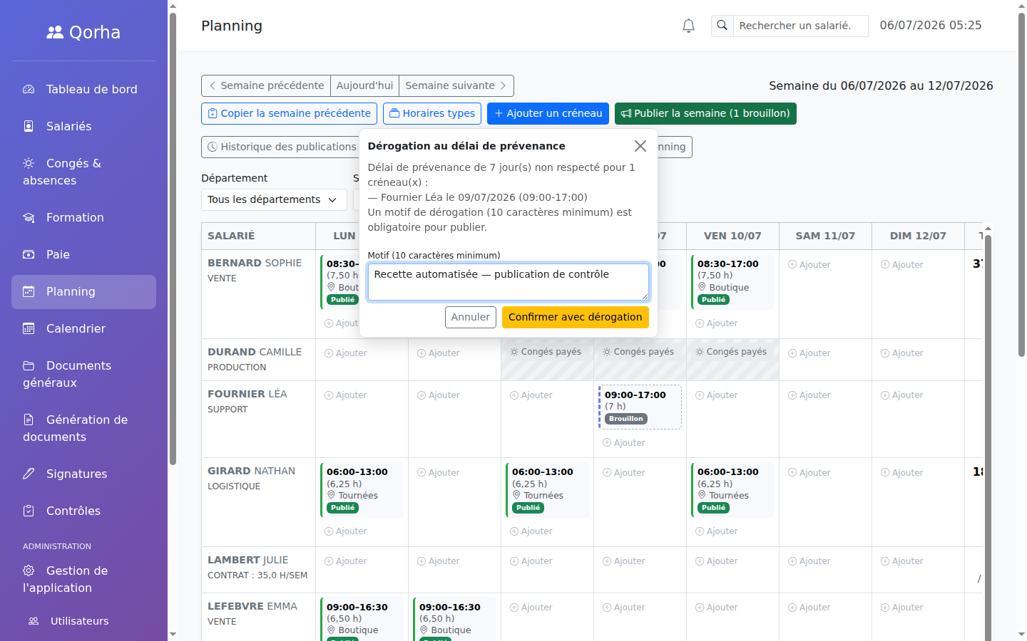 Publication du planning — confirmation en cas de délai de prévenance trop court