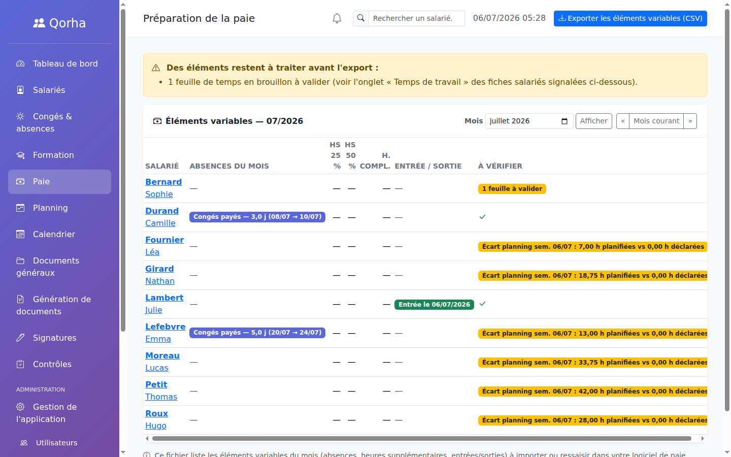 Page Paie — absences validées, écarts d'heures et entrées du mois