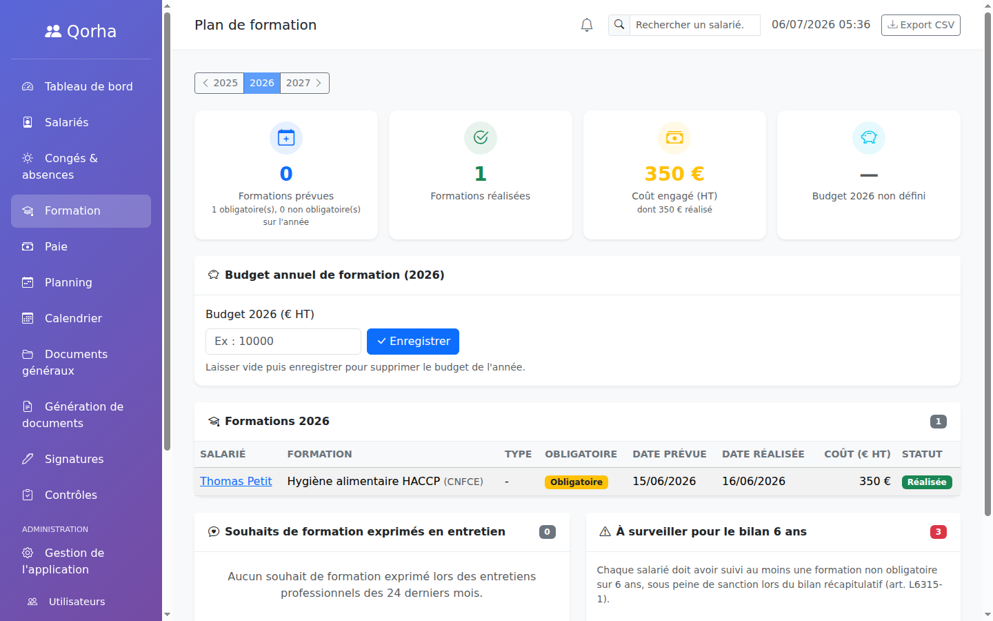 Plan de formation — vue d'ensemble avec compteurs par statut