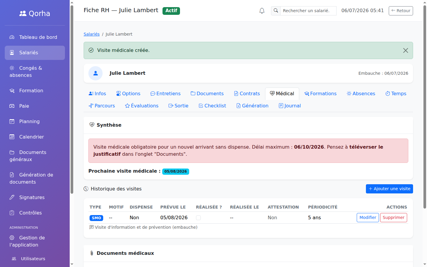 Onglet Médical — visite médicale programmée