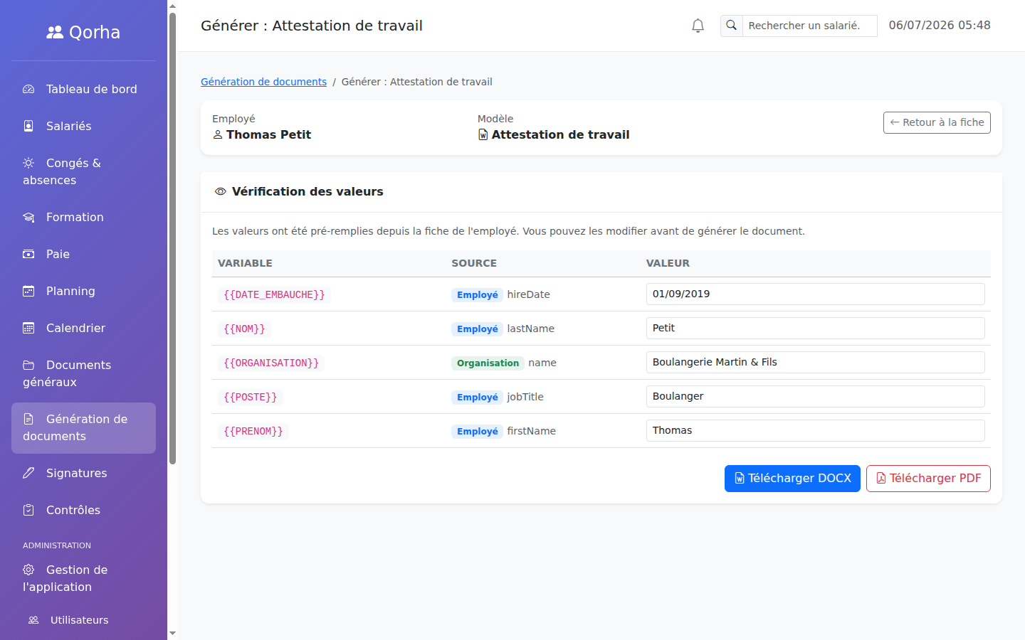 Génération d'un document — vérification des valeurs avant génération