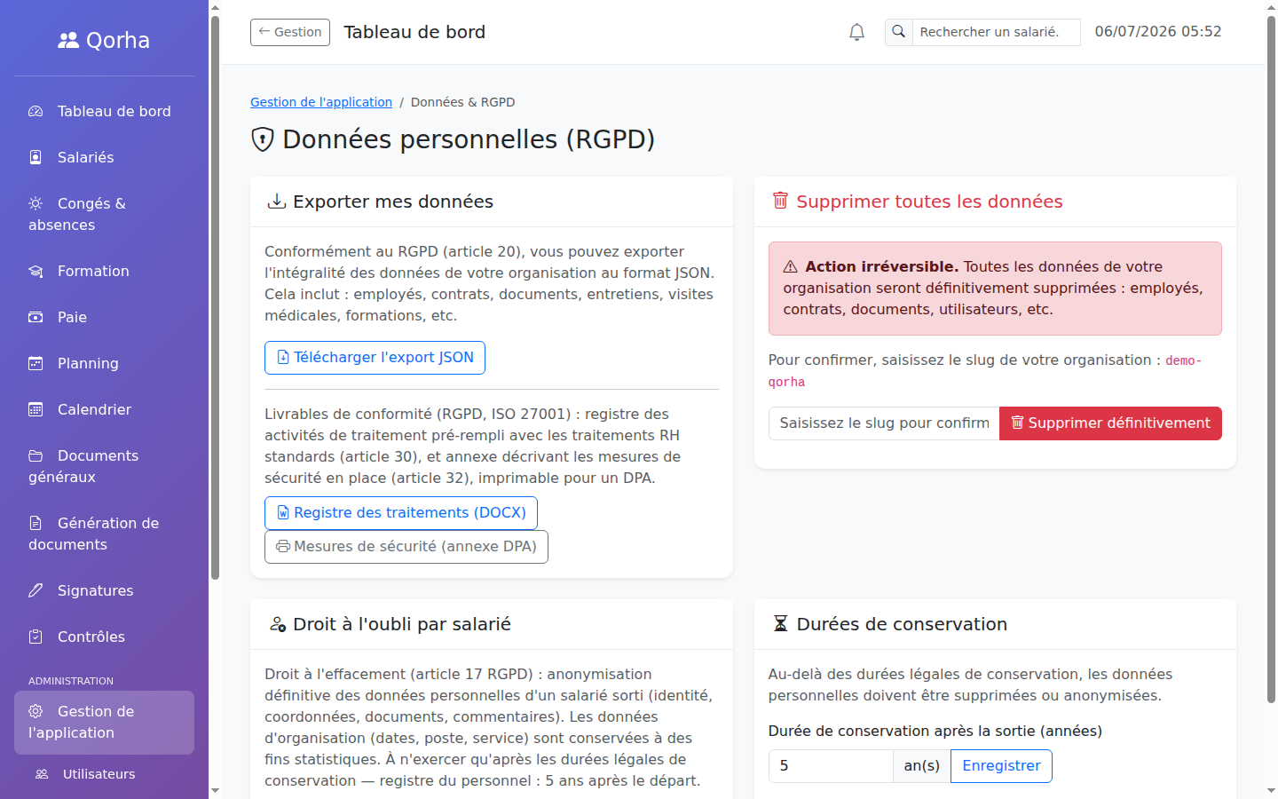 Page Données & RGPD — export JSON, registre des traitements et mesures de sécurité