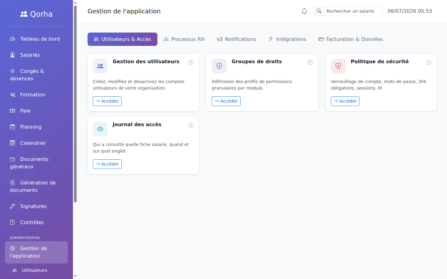 Hub Gestion de l'application — le paramétrage organisé en onglets
