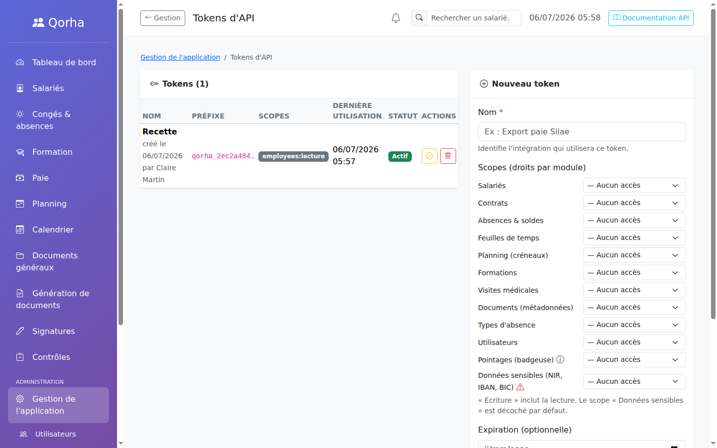 Tokens d'API — un token créé avec ses scopes