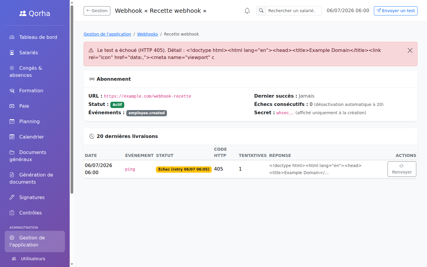 Détail d'un webhook — configuration et journal des livraisons