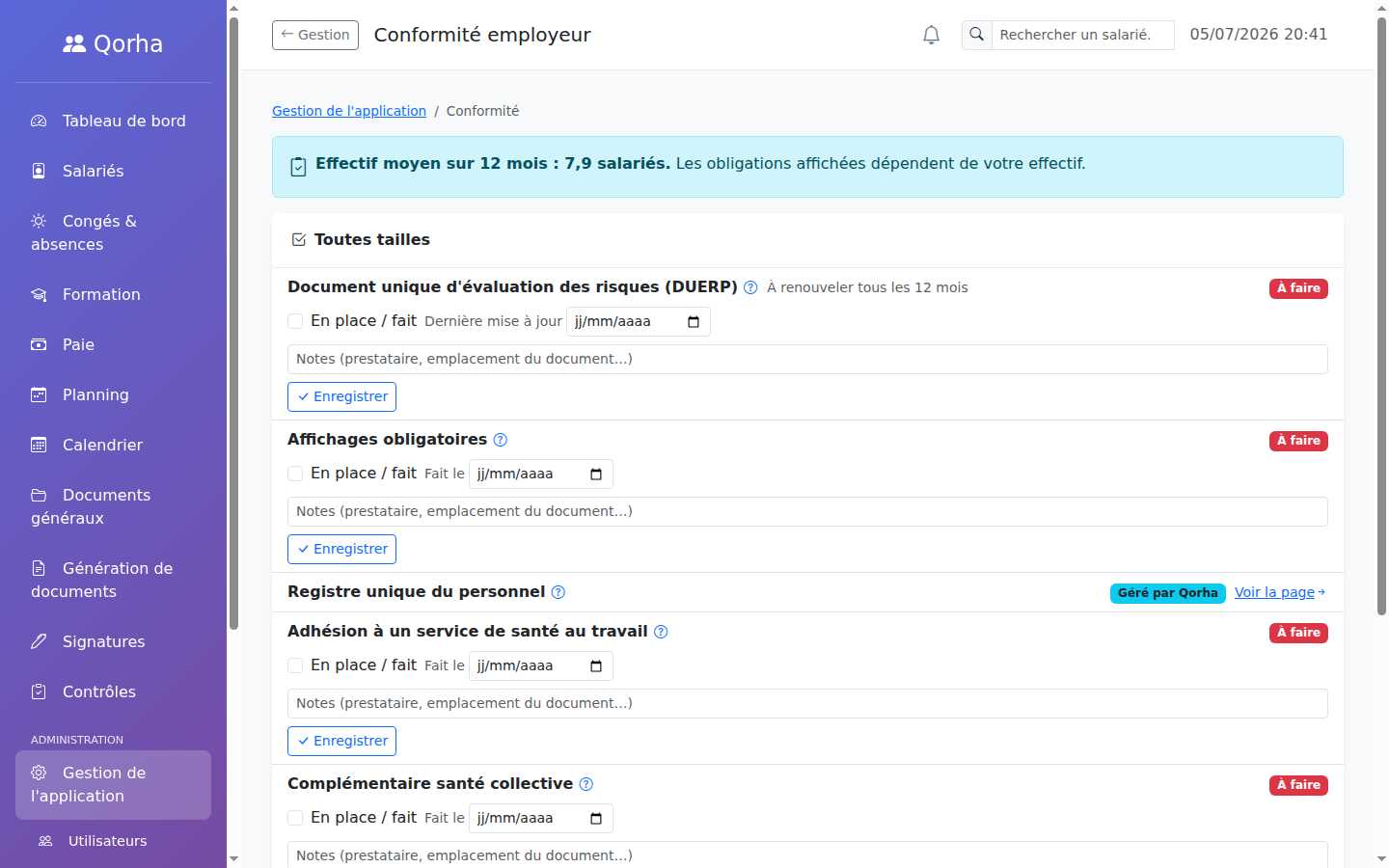 Écran Conformité employeur de Qorha : obligations selon l'effectif et contrôles automatiques