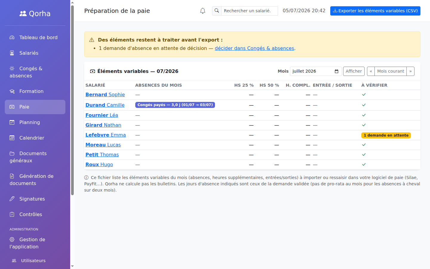 Écran Paie de Qorha : éléments variables du mois par salarié